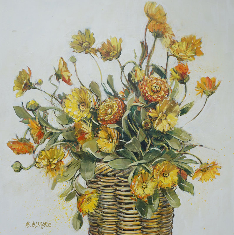 golden yellow flowers & flower buds on twining stalks emerge from wicker basket against white background
