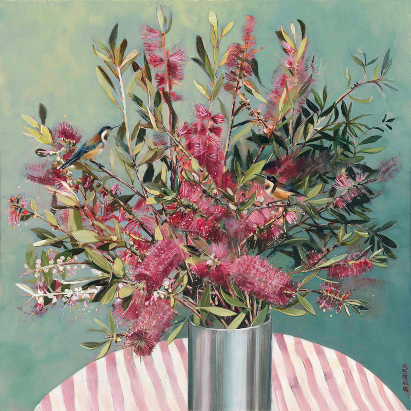 Australian spine bill birds perch amongst vibrant pink and crimson bottlebrush flowers and green leaves in a shiny metal vase on striped pink tablecloth with dappled aqua background
