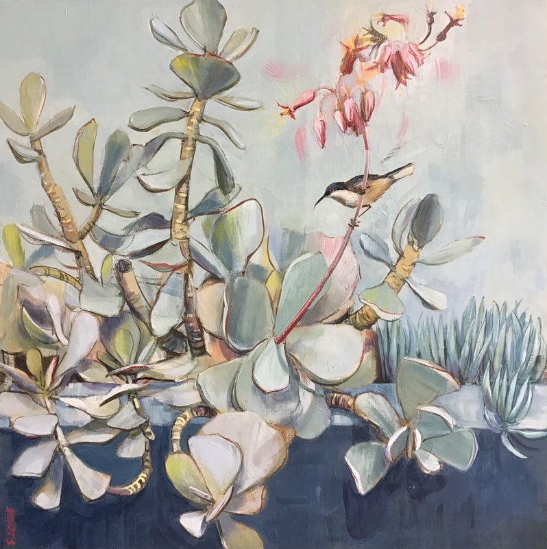 chalky grey toned succulent plants emerge from grey wall with 3 small spinebill birds foraging amongst them against pale grey background
