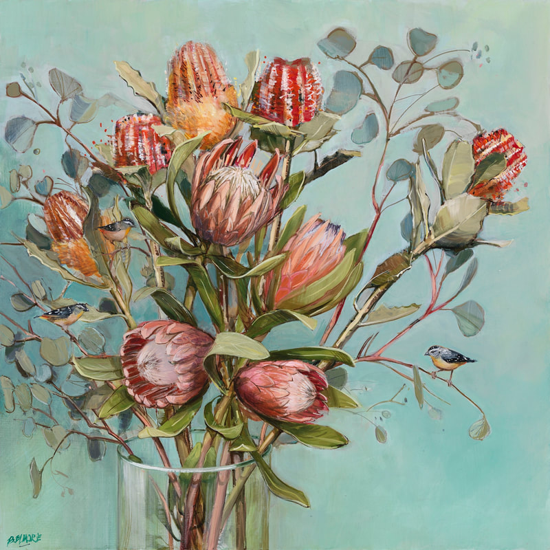 proteas, banksia flowers and grey gum leaves arranged in clear glass vase against aqua background, 2 small Australian pardalote birds are perched amongst branches