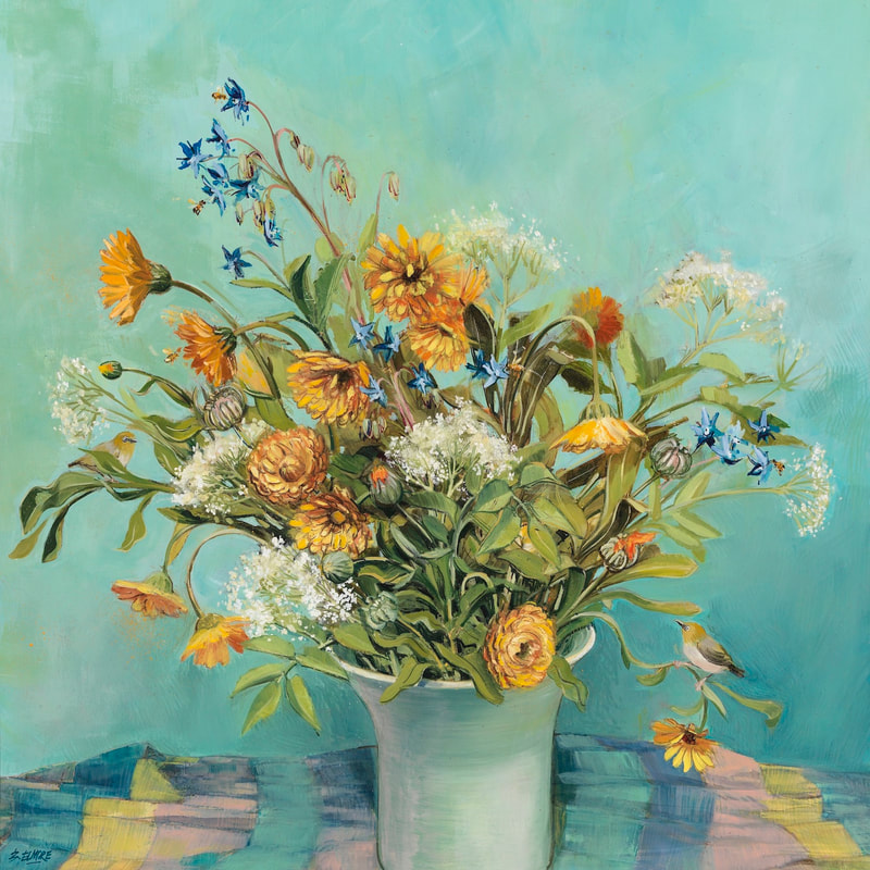 yellow white and blue flowers in white vase on checked cloth against aqua blue background with small Australian silvereye birds perched amongst flower stalks
